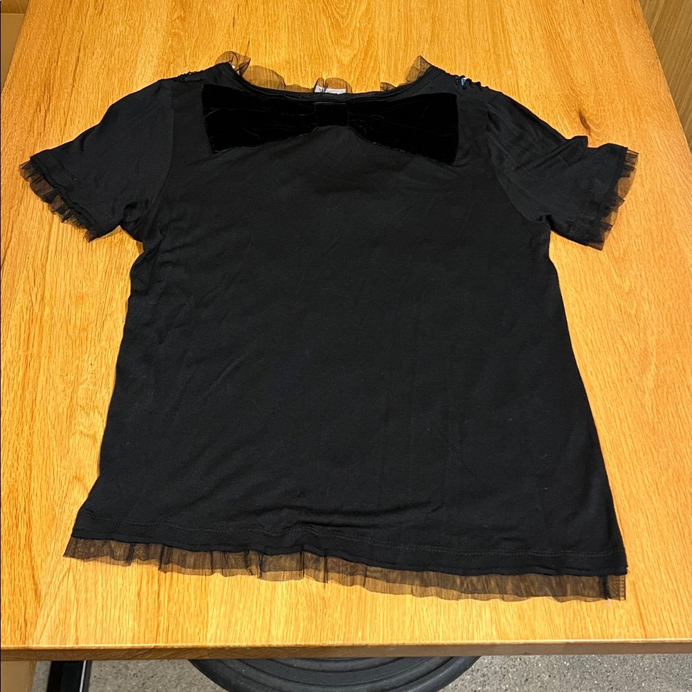 Red Valentino black sequin scoop V neck short sleeve shirt with netted ruffles - Picture 8 of 8